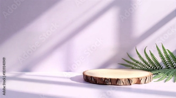 Fototapeta Minimalist wood slice podium on pastel purple background with sunlight and fern leaf shadow for product display 
