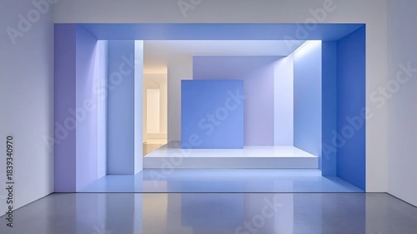 Obraz A design installation displays Pantone color blocks in a modern room. The colors interact with light, highlighting various shapes and forms in the space