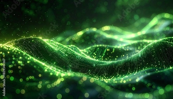 Fototapeta Abstract bio-energy visualization, organic flowing lines blending with digital circuits, green luminescent textures, future harmony between nature and technology, calm yet powerful atmosphere
