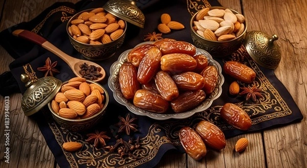 Fototapeta Luxurious arrangement of dates and almonds in ornate bowls on wooden table with star anise