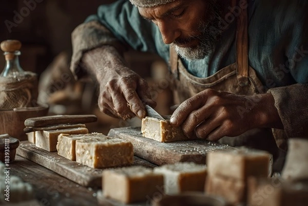 Obraz Bearded man cuts soap with knife in rustic workshop Image