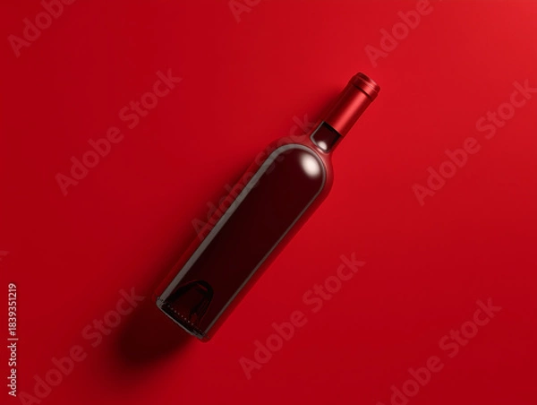 Obraz 赤い背景の上に置かれた赤ワインボトルを真上から見た写真
