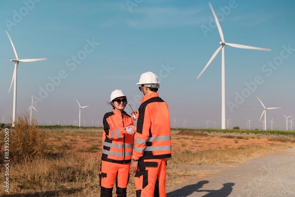 Fototapeta Engineer working at Wind turbine fields