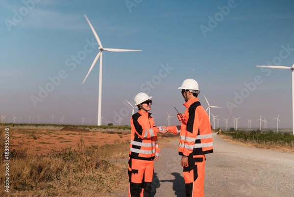 Fototapeta Engineer working at Wind turbine fields