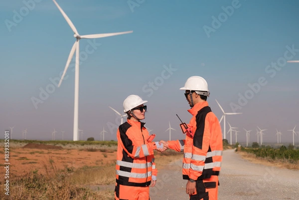 Fototapeta Engineer working at Wind turbine fields