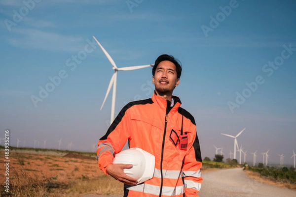 Fototapeta Engineer working at Wind turbine fields