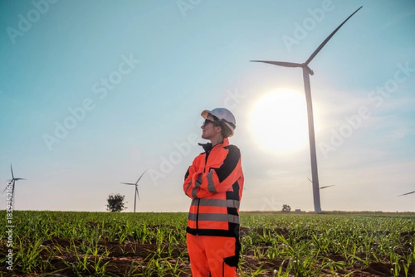 Fototapeta Engineer working at Wind turbine fields