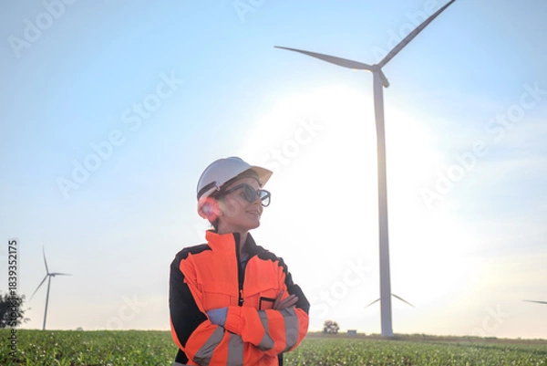 Fototapeta Engineer working at Wind turbine fields