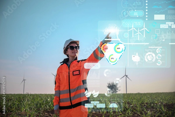 Fototapeta Engineer working at Wind turbine fields