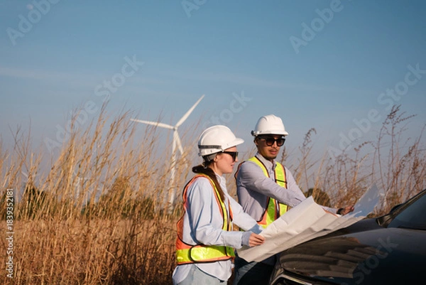 Fototapeta Engineer working at Wind turbine fields