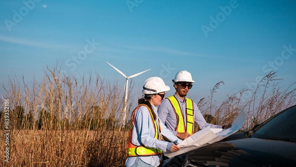 Fototapeta Engineer working at Wind turbine fields
