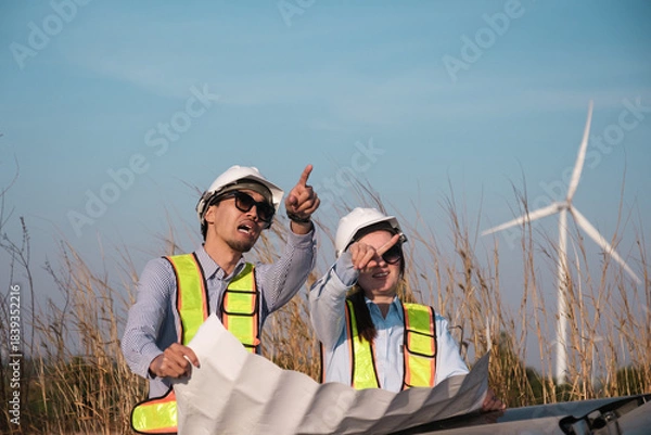 Fototapeta Engineer working at Wind turbine fields