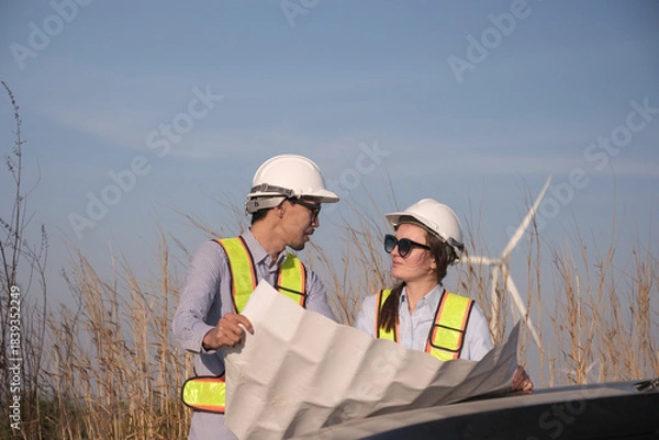 Fototapeta Engineer working at Wind turbine fields