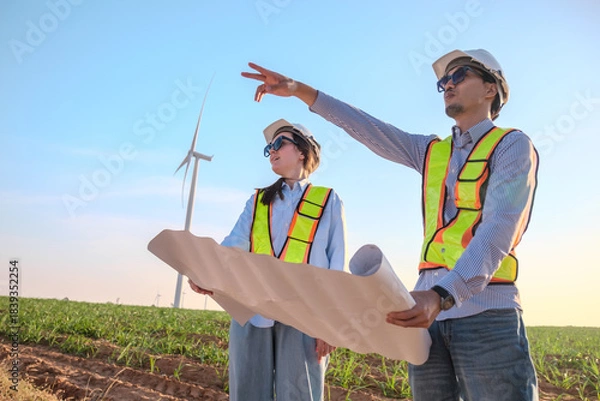 Fototapeta Engineer working at Wind turbine fields