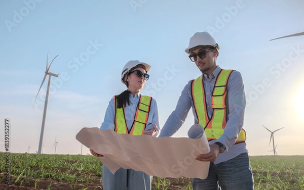 Fototapeta Engineer working at Wind turbine fields