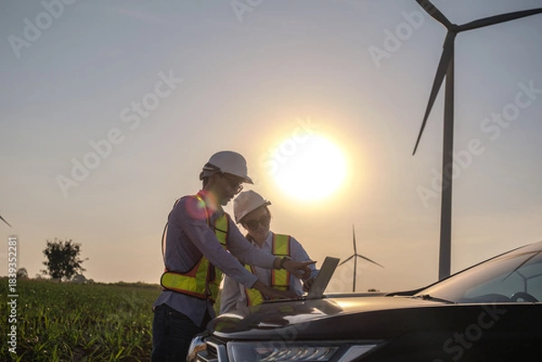 Fototapeta Engineer working at Wind turbine fields