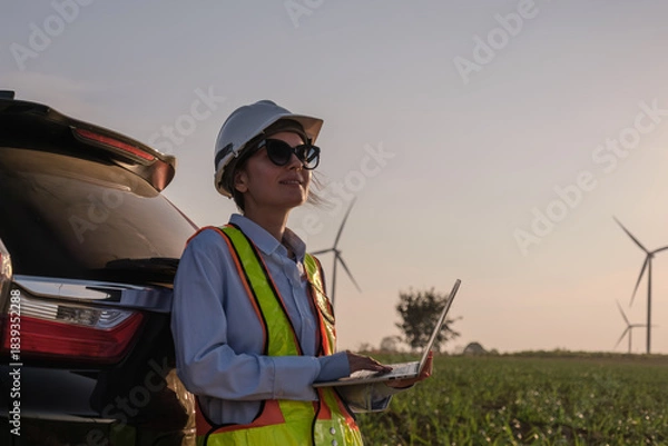 Fototapeta Engineer working at Wind turbine fields