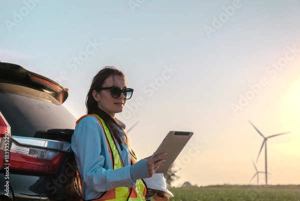 Fototapeta Engineer working at Wind turbine fields
