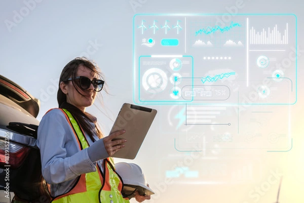 Fototapeta Engineer working at Wind turbine fields