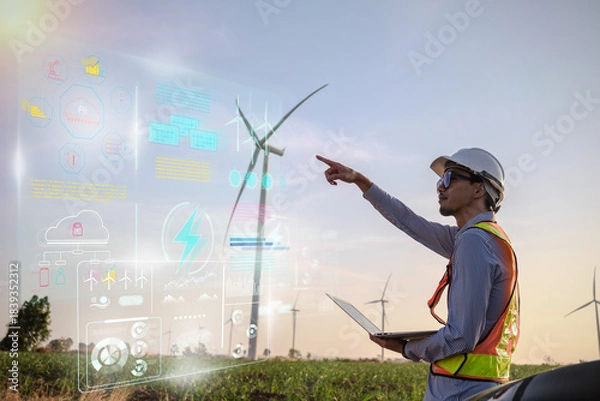 Fototapeta Engineer working at Wind turbine fields