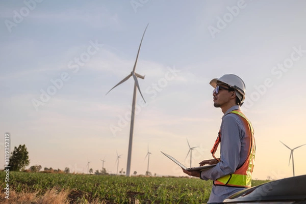Fototapeta Engineer working at Wind turbine fields