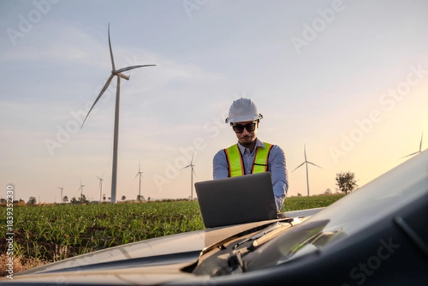 Fototapeta Engineer working at Wind turbine fields
