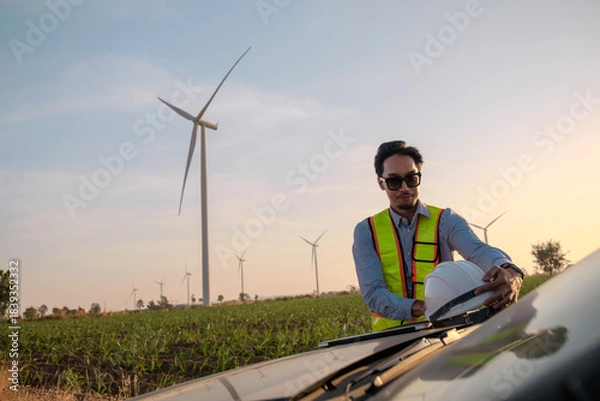 Fototapeta Engineer working at Wind turbine fields