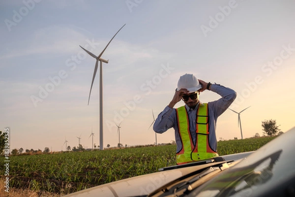 Fototapeta Engineer working at Wind turbine fields