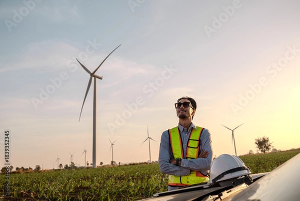 Fototapeta Engineer working at Wind turbine fields