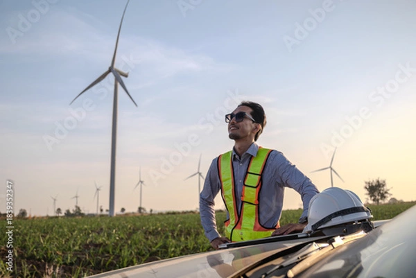 Fototapeta Engineer working at Wind turbine fields