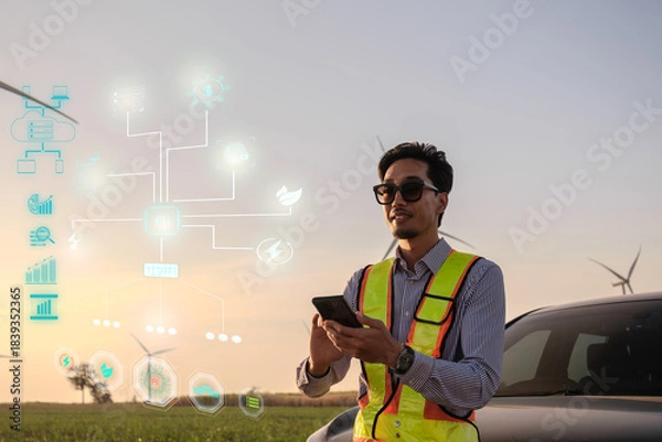 Fototapeta Engineer working at Wind turbine fields