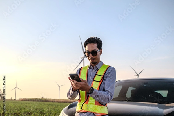 Fototapeta Engineer working at Wind turbine fields
