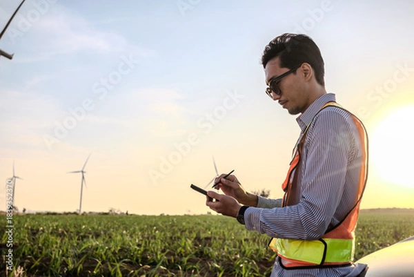 Fototapeta Engineer working at Wind turbine fields