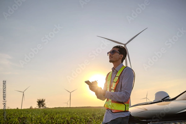 Fototapeta Engineer working at Wind turbine fields