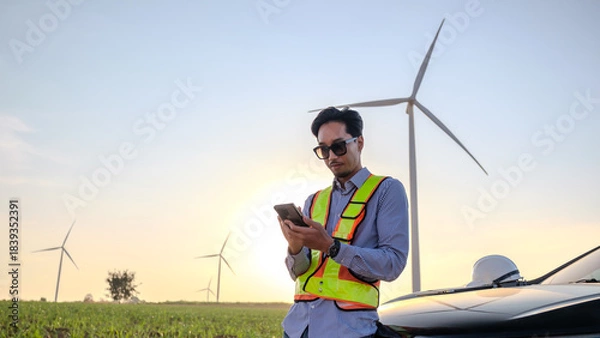 Fototapeta Engineer working at Wind turbine fields