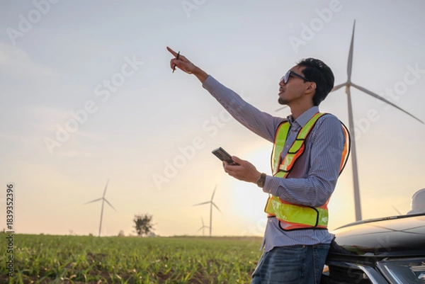 Fototapeta Engineer working at Wind turbine fields