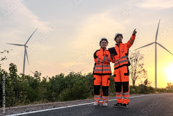 Fototapeta Engineer working at Wind turbine fields