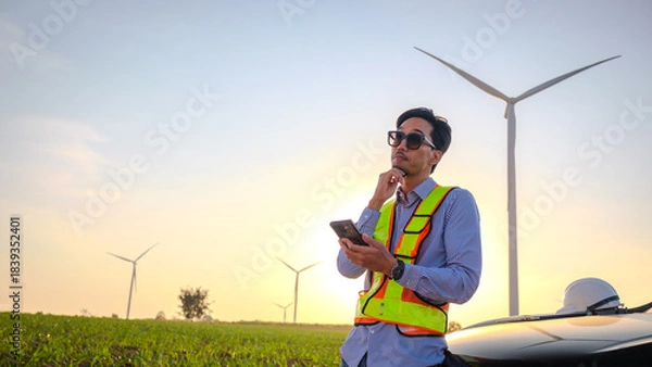 Fototapeta Engineer working at Wind turbine fields