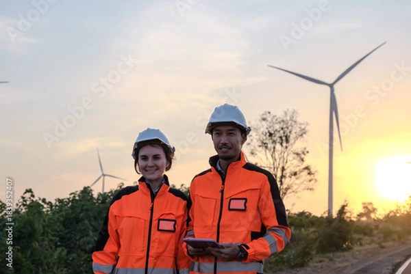 Fototapeta Engineer working at Wind turbine fields