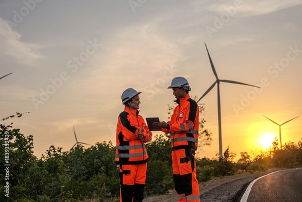 Fototapeta Engineer working at Wind turbine fields