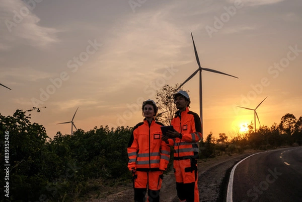 Fototapeta Engineer working at Wind turbine fields