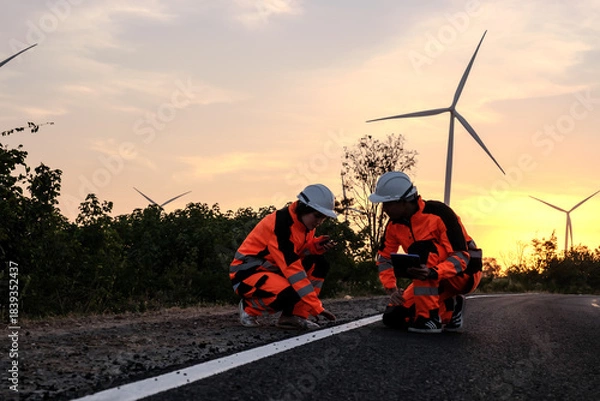 Fototapeta Engineer working at Wind turbine fields