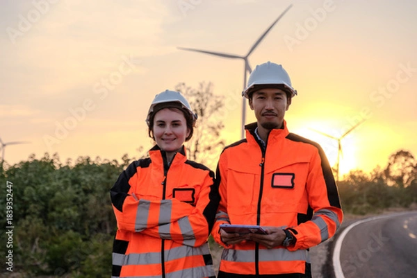 Fototapeta Engineer working at Wind turbine fields
