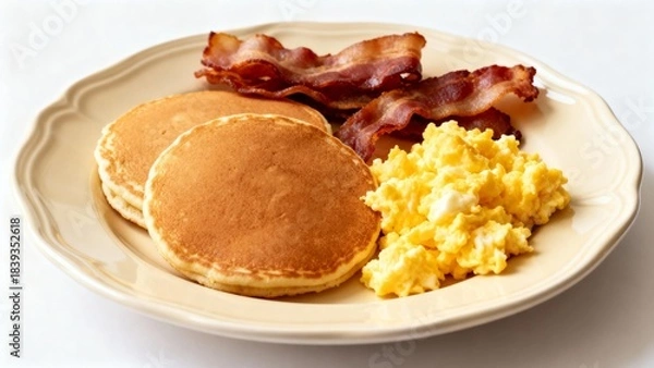 Obraz crispy bacon, scrambled egg, pancakes, breakfast