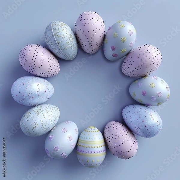 Obraz Decorated Easter eggs arranged in a circular pattern on a light blue background