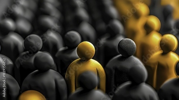 Obraz A group of stylized human figures with one yellow figure standing out among black ones, symbolizing individuality or leadership.