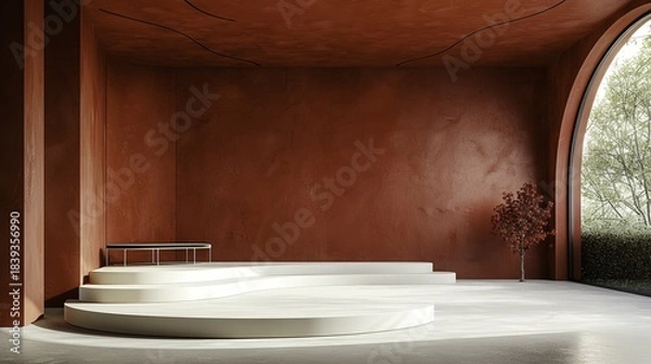 Obraz Minimalist interior space with curved white platform and arched window overlooking greenery