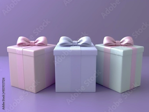 Obraz Three pastel-colored gift boxes with bows arranged in a row on a purple background