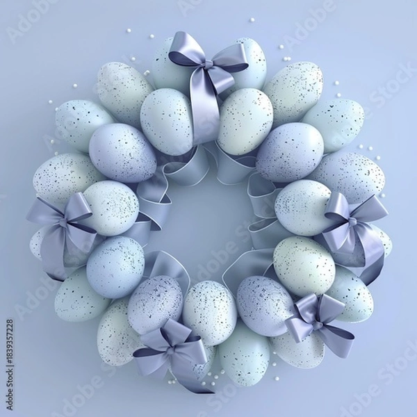 Obraz Easter egg wreath with speckled eggs and purple ribbons arranged in a circular pattern