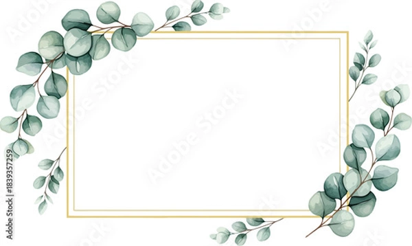Fototapeta Elegant watercolor eucalyptus border frame with gold lines on white background